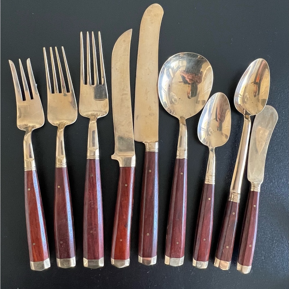 Vintage Mid Century Rosewood & Brass Flatware – 6 Place Settings – 54 Pieces